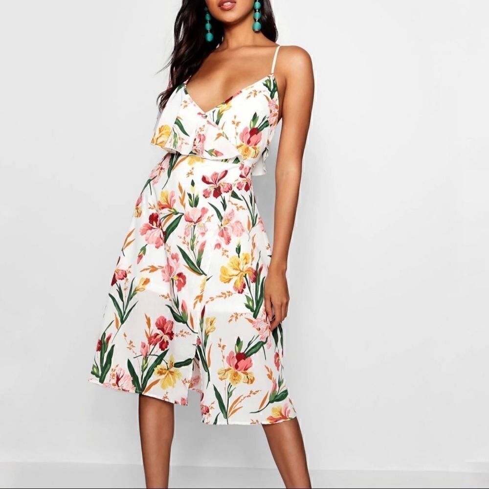 Boohoo Tasha Floral Ruffle Open Back Midi Chiffon Dress Size 6